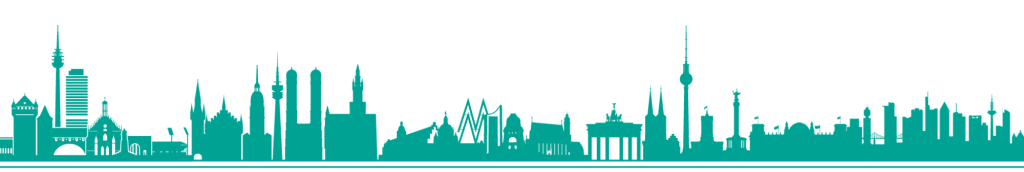 Aneinandergereihte Skylines von Nürnberg, München, Leipzig, Berlin und Frankfurt 